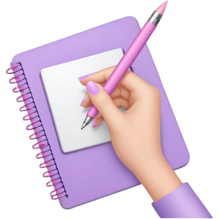 close-up of feminine hand with delicate lilac manicure, pastel pink pen, and notebook emoji
