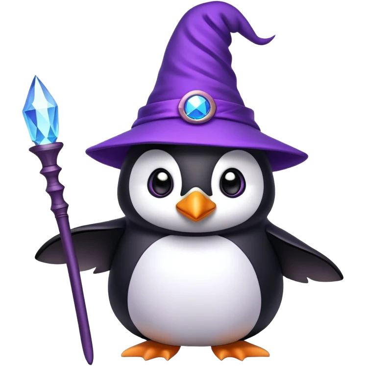 Penguin wearing a purple wizard hat and holding a magic wand emoji
