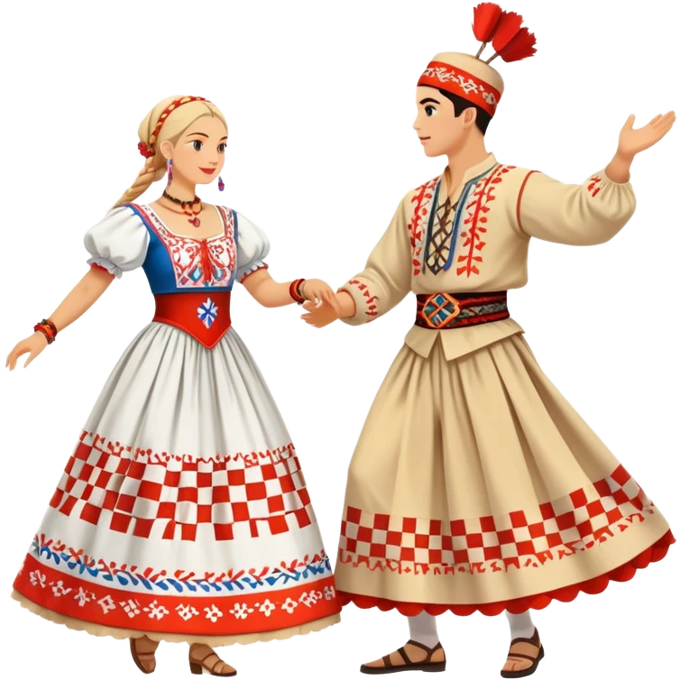 Cinematic Realistic scene of two performers engaging in the Croatian Linđo folk dance, adorned in vibrant traditional costumes with intricate patterns and accessories, captured in graceful, synchronized motion under festive natural lighting. emoji