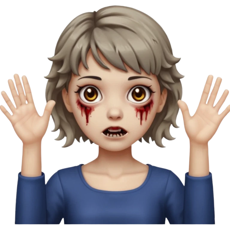 Cabelo ondulado  um pouco cheio e franja curta  Olhos marrons e pequenos e feita d ezumbi mais bonita com cabelo amarro na e com as mãos assim tipo assim🧟‍♀️ emoji