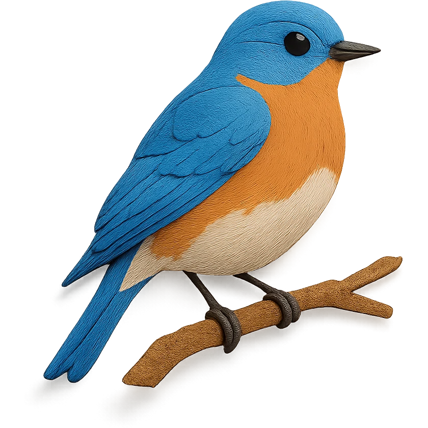 close-up of an Eastern Bluebird perched on a tree branch, fine paper edges, bright blue feathers, orange chest, soft white belly emoji