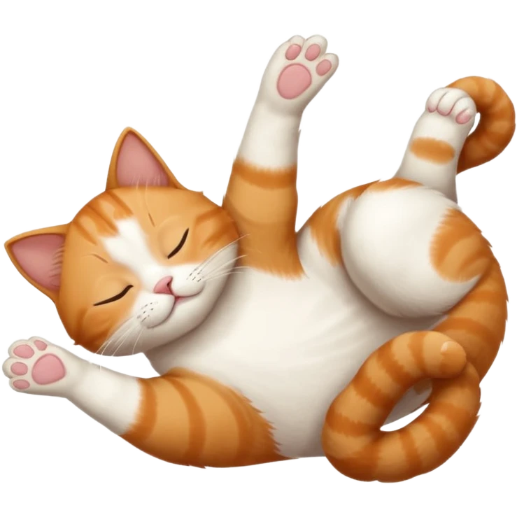 ginger and white small cat eyes closed lying down upside down with paws stretched out straight in different directions emoji