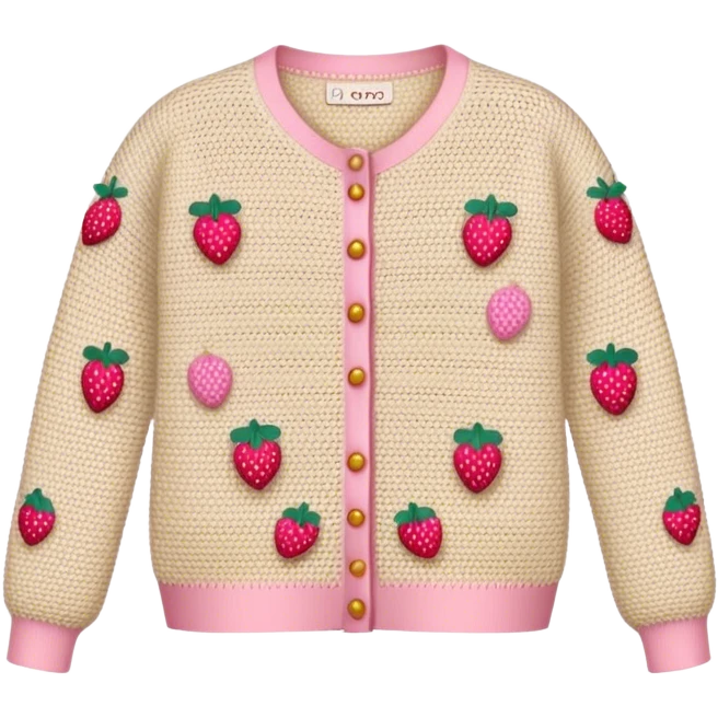 beige crocheted cardigan embroidered with small pink strawberries emoji