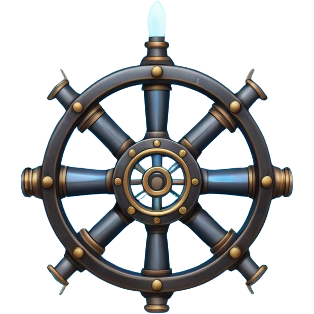 A Discord emoji of a black iron mechanical propeller or anchor with glowing blue energy lines. Steampunk-gothic fusion, high visibility, white background. emoji