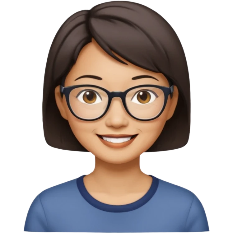 a middle-aged Asian woman with short hair wearing glasses and an impression emoji