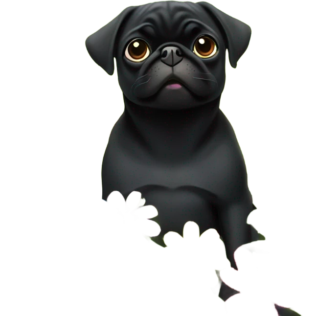 Black pug , surrounded by flowers, holding a green sign that says “good luck”  emoji
