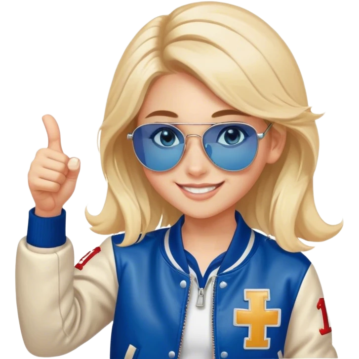 smiling girl in letterman jacket Blue eyes thumb up, Name is Tini, sunglasses in hair emoji