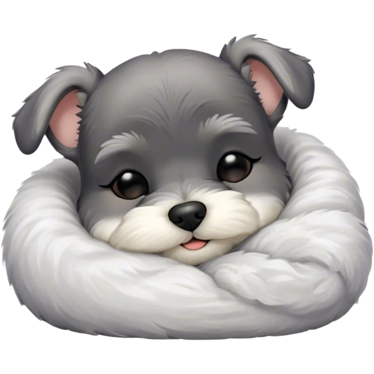 Meme-Worthy Cute Sleeping Miniature Schnauzer Portrait Emoji, Head gently tilted in a relaxed, blissful slumber with a soft, contented smile and eyes tenderly closed, featuring a neat salt-and-pepper fur with charming, relaxed features, simplified yet irresistibly endearing, highly detailed, glowing with a soft, cozy radiance, high shine, exuding gentle, heartwarming charm, styled with a soft glowing outline, capturing the essence of a sleeping Miniature Schnauzer that looks perfectly poised to become a viral icon of adorable rest! emoji