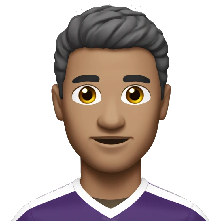 49 y-o soccer player, short hair, small central crest "salt and pepper", dark stubble, subtle rounded face, brown eyes, black and purple jersey emoji