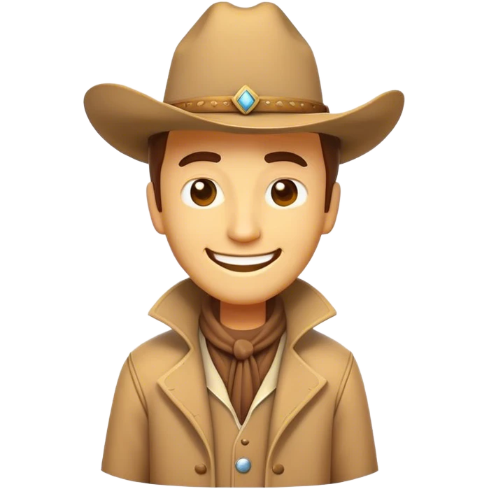 Clash of Clans aesthetic Cheerful Cowboy Portrait Emoji, With a bright, confident smile and a relaxed, adventurous stance, showcasing a stylized, spirited build in a duster coat and classic hat, his face rendered in natural skin tone, Simplified yet expressive features, highly detailed, glowing with a soft, golden western radiance, high shine, upbeat and daring, stylized with an air of classic cowboy allure, soft glowing outline, capturing the essence of a cheerful cowboy ready to gallop into epic adventures! emoji