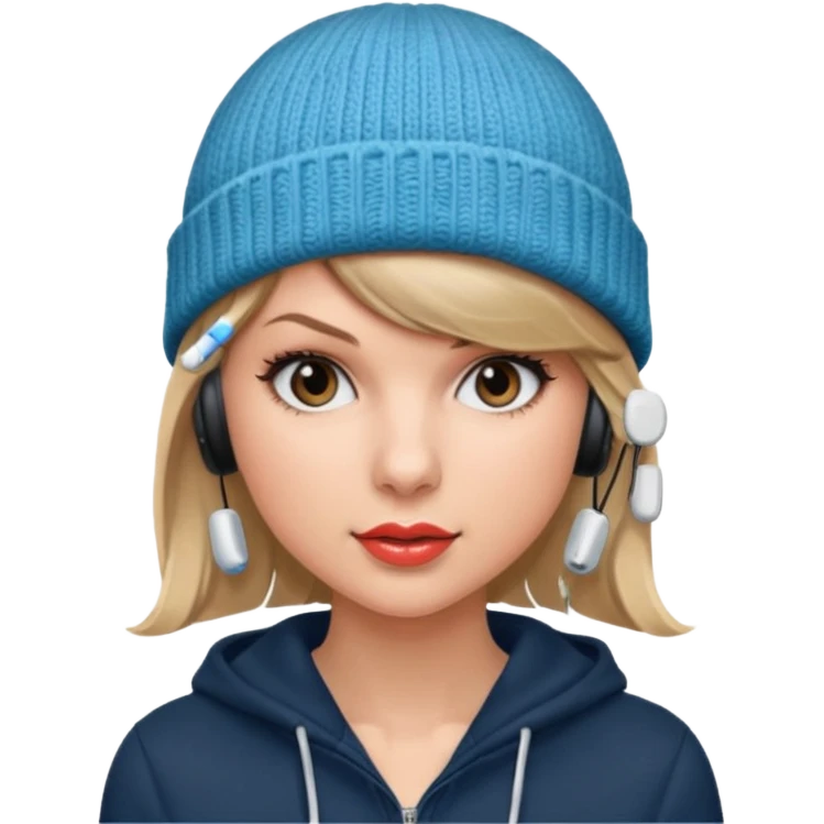 taylor swift wearing beanie, wearing wired earphones emoji