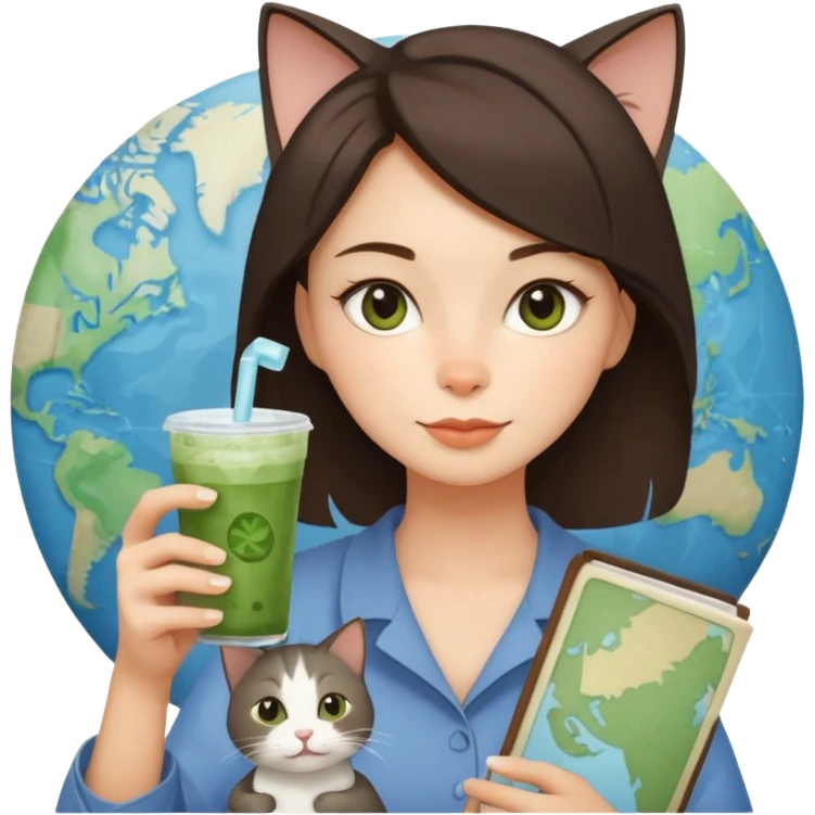 a brunette woman in here 30S drinking an iced matcha, carrying a grey cat and a map of the world emoji