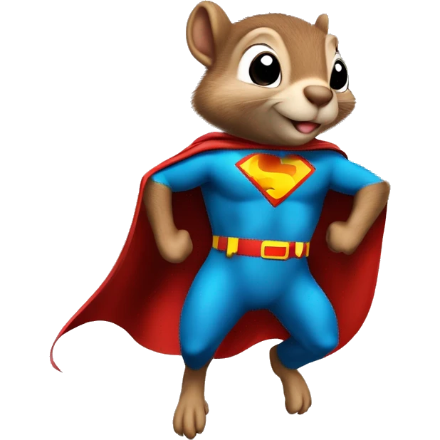 Squirrel as a superhero wearing a cape flying like Mighty Mouse with an “S” like Superman on his chest  emoji