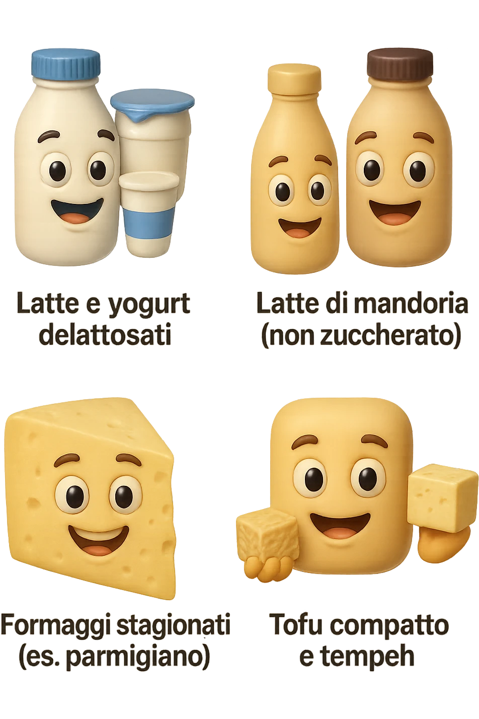 emoji stile iphone 3d di questi elementi che fluttuano in aria:

Latte e yogurt delattosati
Latte di mandorla (non zuccherato)
Latte di soia da proteine isolate
Formaggi stagionati (es. parmigiano)
Tofu compatto e tempeh
 che fluttuano in aria,  le etichette scrivile in italiano, iperealistico 4k emoji