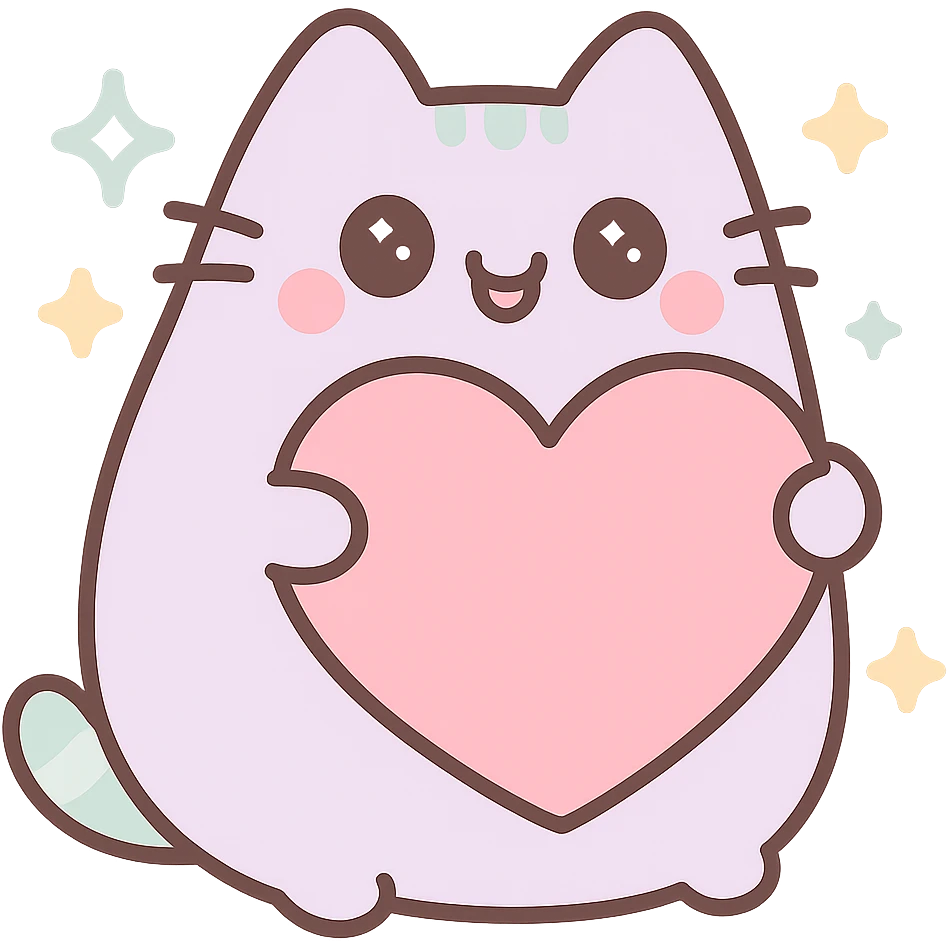 Add sparkles around Pusheen and the big heart, keep pastel purple and mint, extra cute, kawaii style, with no background emoji