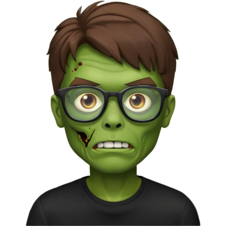Green zombie, brown hair, black glasses, black shirt. iOS style. emoji