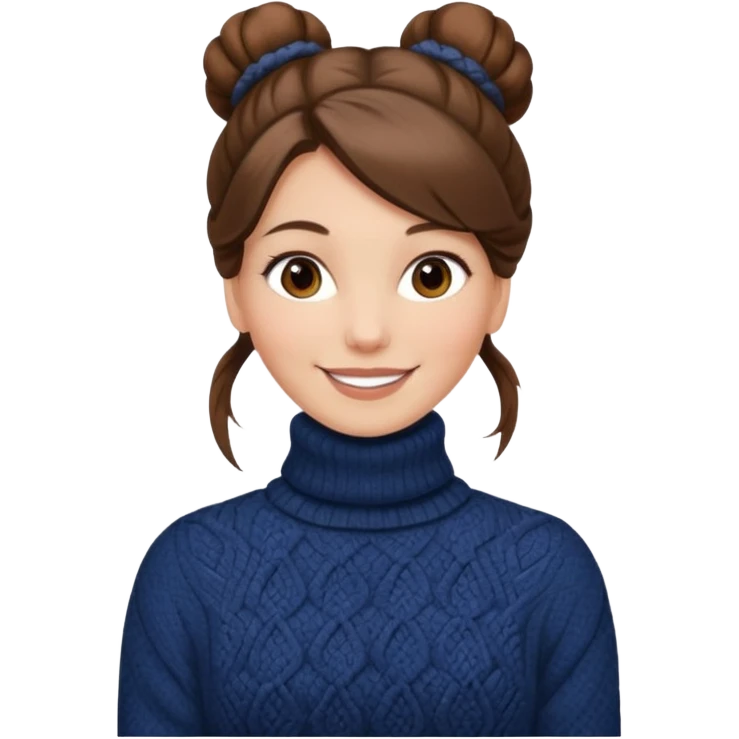 Chica blanca, pelo castaño muy largo pelo recogido en unos mondongos, jersey de invierno iniqui de cuello vuelto sin coletas emoji