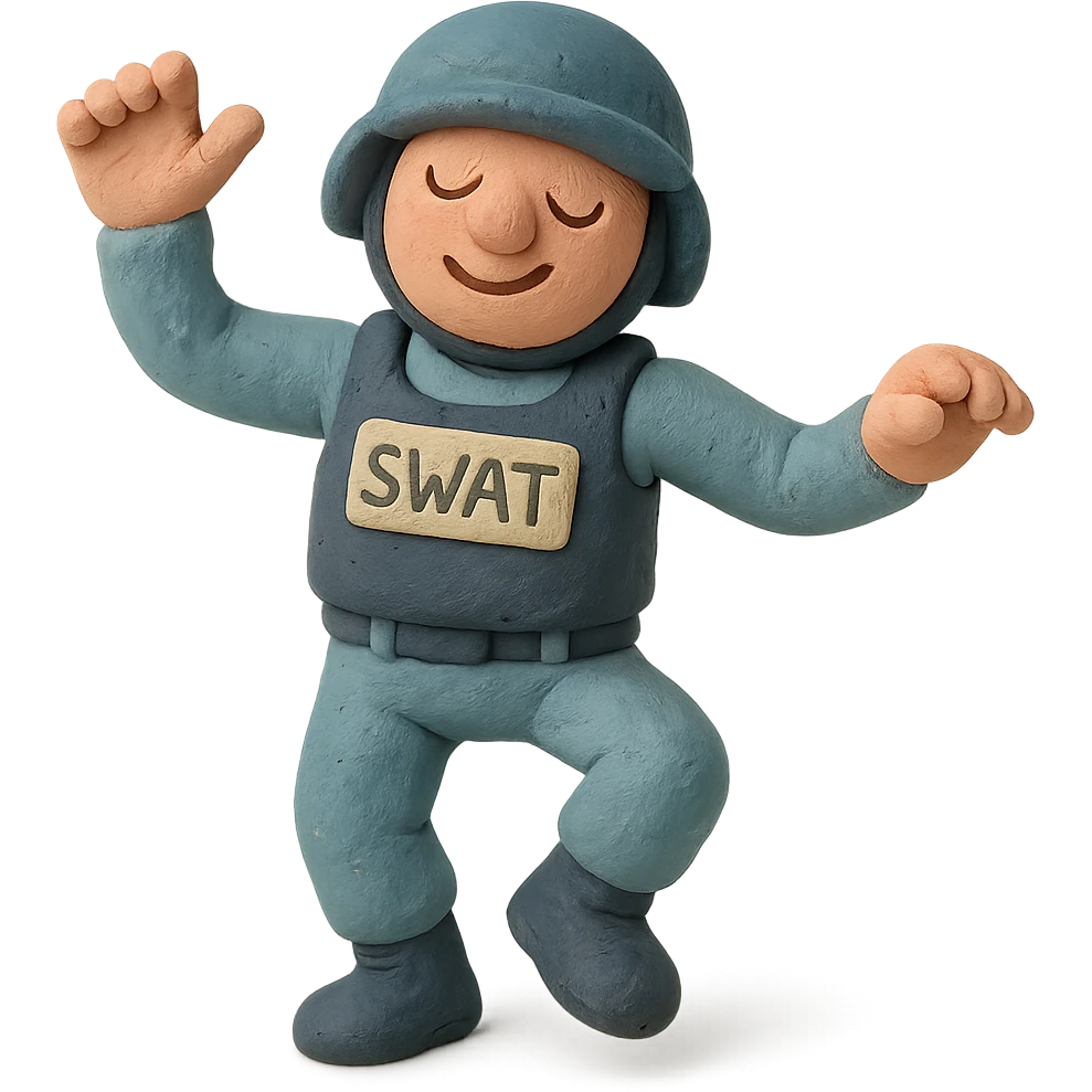 claymation style SWAT character dancing, visible fingerprints, pastel colors emoji