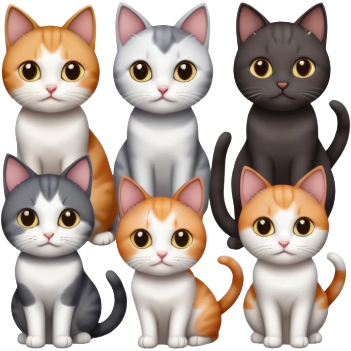 4 different coloured short haired cats including; a dark brown and white cat, and a dark grey and white, and a calico emoji