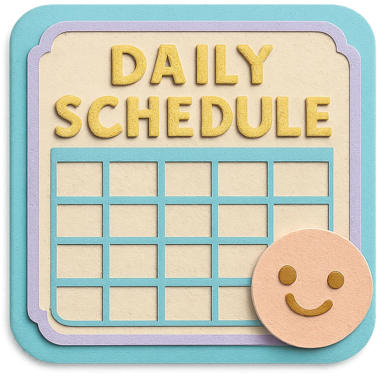 soft pastel minimal daily schedule grid with cute borders, with a smiling face in the corner emoji
