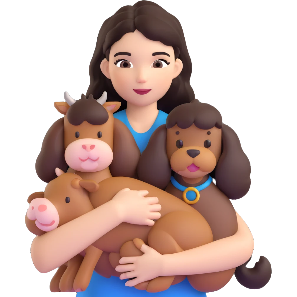 Kendall Jenner with long dark hair holding a brown poodle and a cow cat in her arms emoji
