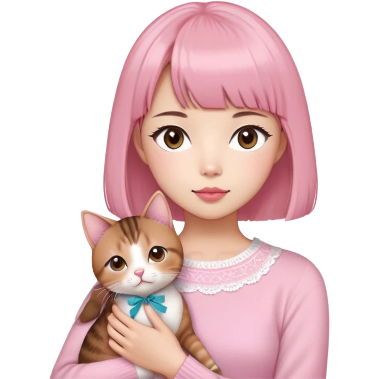 Cute East Asian girl, soft fair skin with blush on cheeks, big brown eyes with long lashes, natural pink lips, inward brown bob with straight bangs. Wearing a stylish pink knit top with ribbon details and subtle lace trim, holding a Abyssinian cat in arms emoji