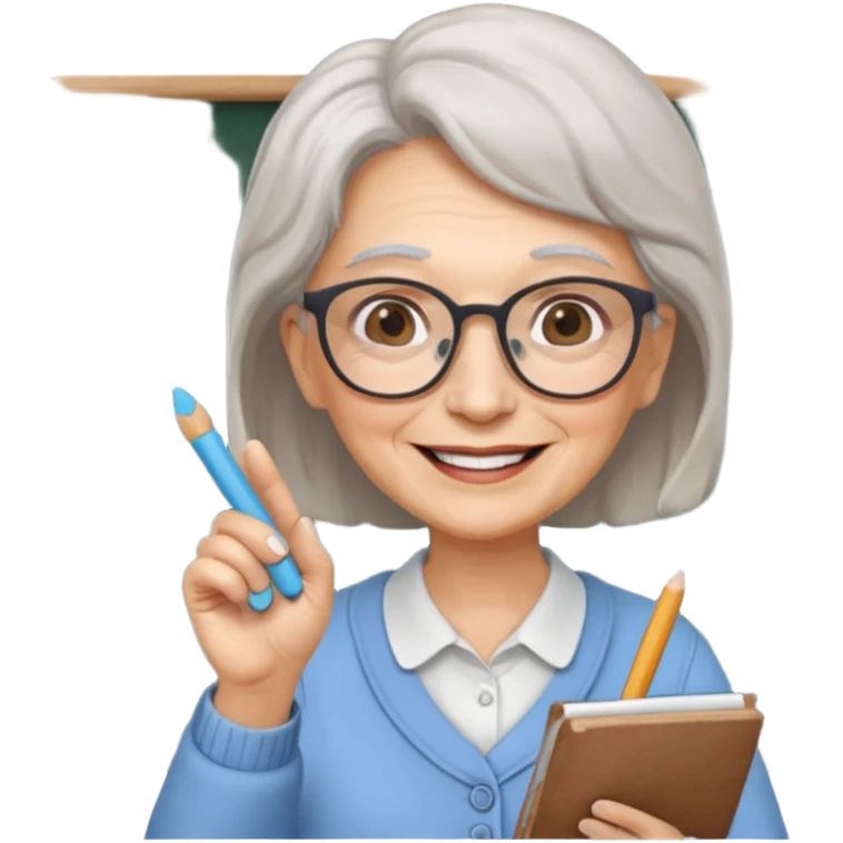 woman teacher, old, wearing glasses, hold chalk on hand emoji