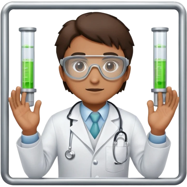 A doctor wearing a lab coat and goggles inside a cell holding the bars emoji