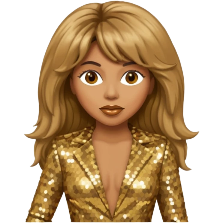 Tina Turner with long light brown hair, gold outfit emoji