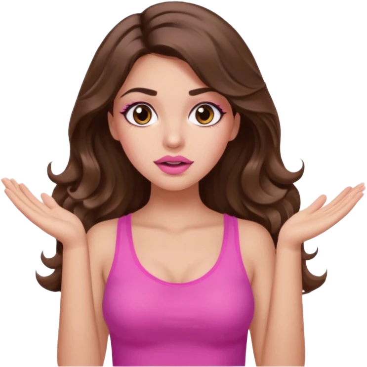 girl with long wavy brown hair, brown eyes, long lashes makeup, sexy pink lips, light to medium complexion, pink sexy top, two hands up, shrugging, confused emoji