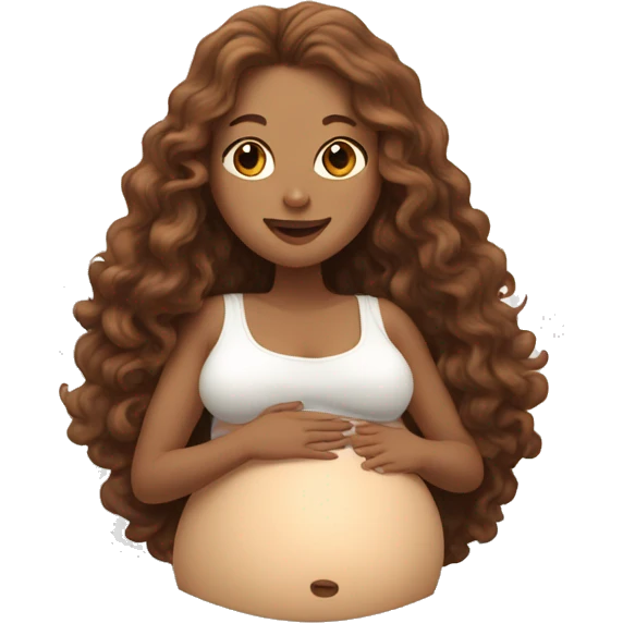 Pregnant white lady with long, brown, curly hair holding her belly emoji