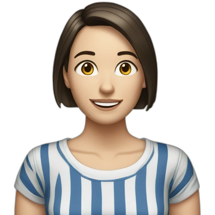caucasian woman with dark brown hair a bob haircut, braces on teeth, blue and white striped t shirt emoji