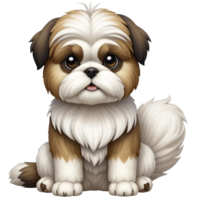 cinematic-[Shish tzu]-realistic-full-body-sitting-emoji,-tail-resting-loosely-beside-its-paws,-head-tilted-dramatically, -scruffy-[white]-fur,-simplified-yet-realistic-focused-features,-highly-detailed,-glowing-with-an-almost-sarcastic-glow emoji