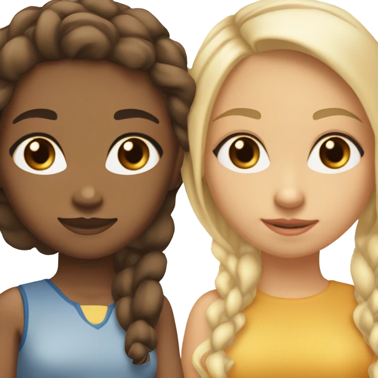 skinny mixed girl with brown eyes and brown hair with 2 blonde streaks in front of her hair , sitting next to another more lighter mixed girl who has blonde hair and blue eyes , and their best friends emoji