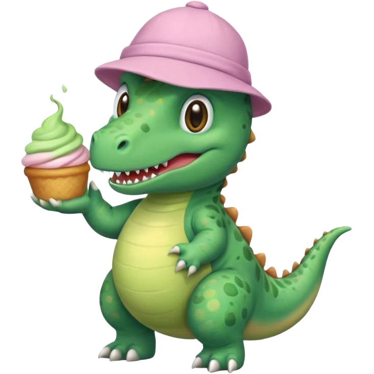 quiero un dinosaurio divertido con delantal y gorro de pastelero y en la mano un pastel emoji