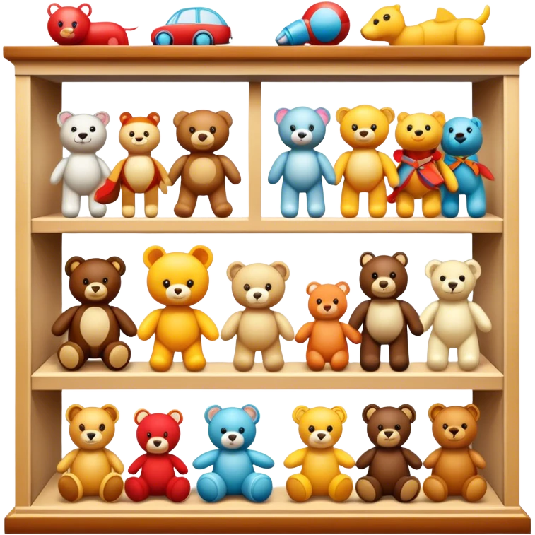 Icon for Toy Collecting: a collection of various vintage toys such as dolls, action figures, and plush animals, displayed neatly on shelves or in display cases. The icon should evoke the joy and nostalgia of collecting toys. Transparent background. emoji