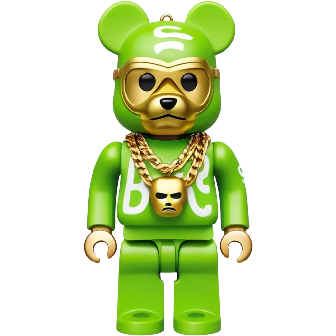 classic bearbrick figure with lime green mask covered in chaotic brand logos, wearing several large gold chains, gold pendant, rapper style accessories, expressive eyebrows emoji