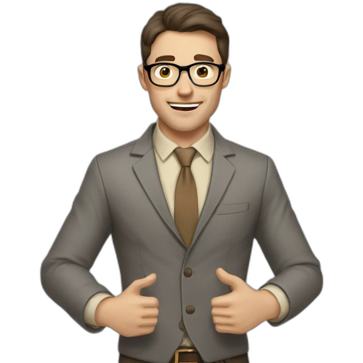 To belt Actively gesturing with hands Pale skinned fit man with dark brown hair in gray jacket, beige office shirt, brown tie, brown pants and vintage glasses. emoji