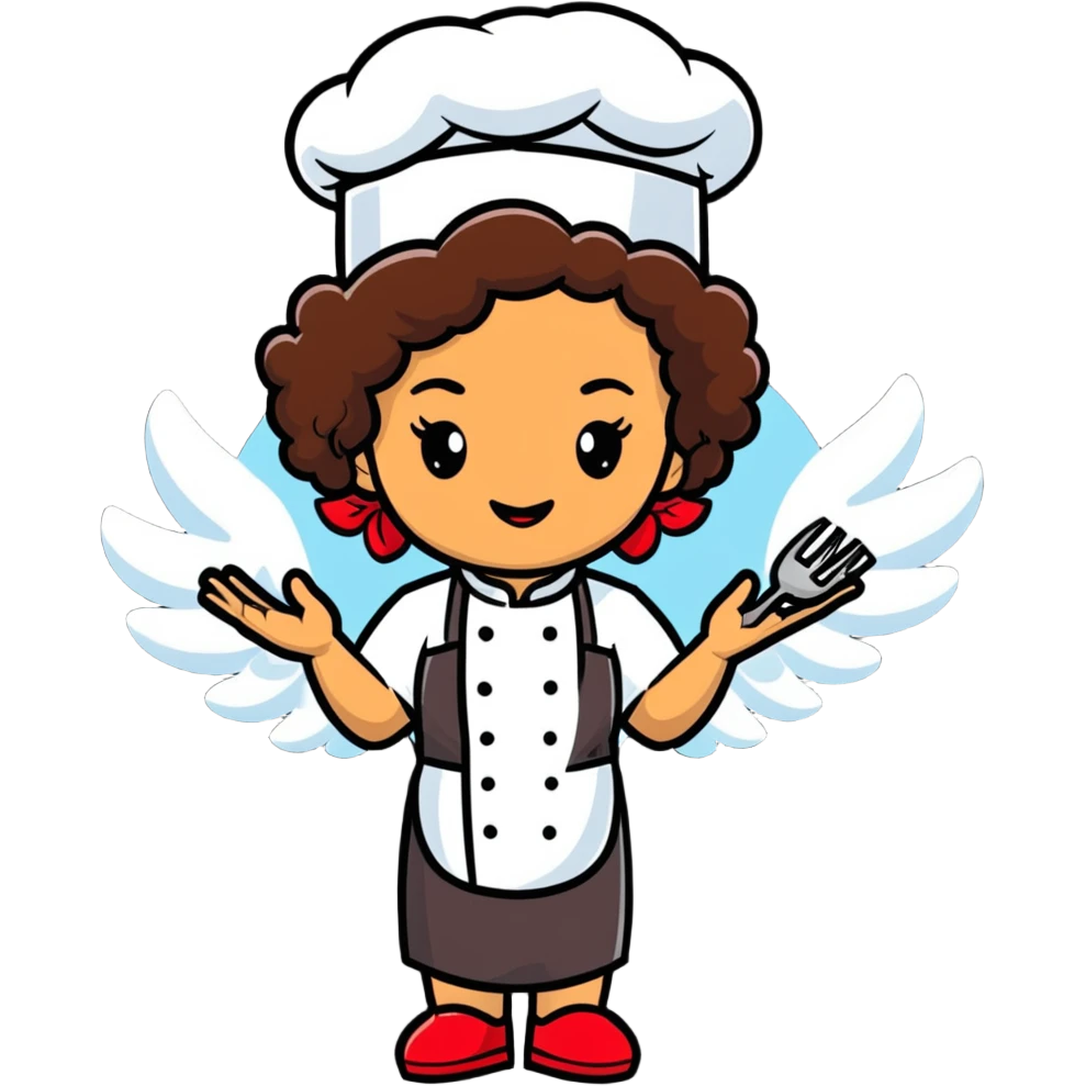 Mixed-race female chef with medium-length curly brown hair, wearing a chef's hat (toque), with both an angel halo and devil horns on her head emoji
