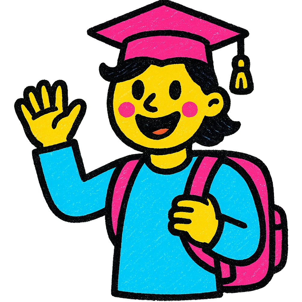 vibrant, smiling university student waving, bright and welcoming, colorful style emoji