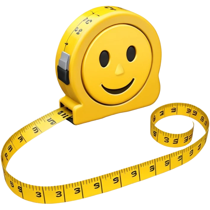 A 3D emoji-style yellow measuring tape, rolled in a spiral with black markings, realistic light and shadow, minimalistic background, vector-like clean design. emoji