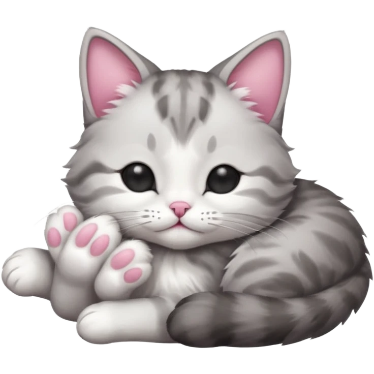grey and white small cat with its eyes closed lying down with its paw holding up his head emoji