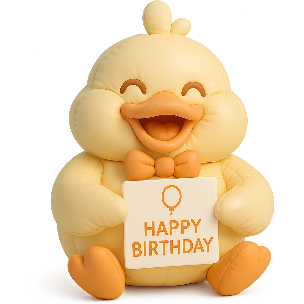 laughing duck with bowtie holding birthday card emoji