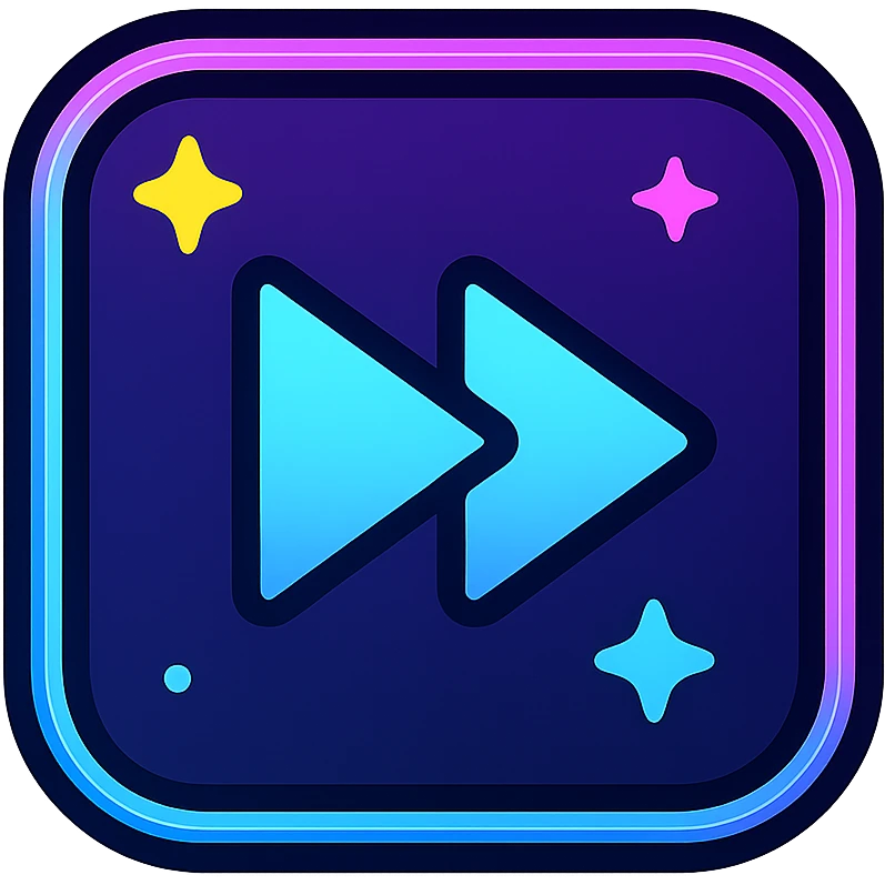 animated next song icon with dark purple, blue, and black base, bright accents, complex gradients, stars, bright neon border, modern clean next song symbol, subtle glowing and moving stars neon effects, sophisticated futuristic style emoji