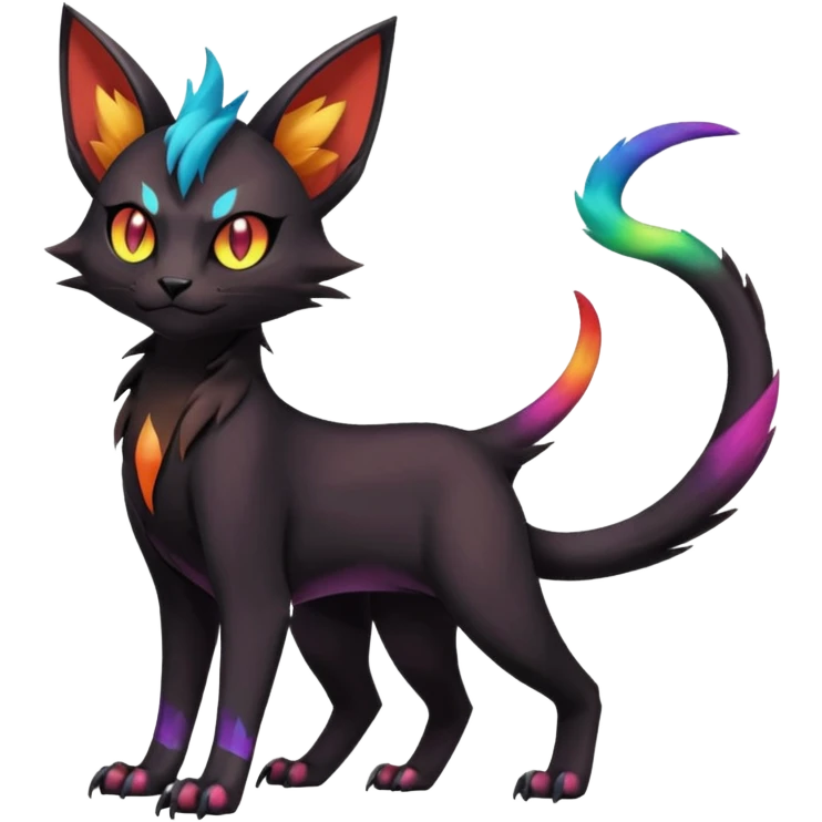 Obsidian-pitch-Black with rainbow-markings edgy Noivern-Purloin-Torracat-Lykoi-Caracal-cat-Fakemon-fusion-hybrid-creature emoji