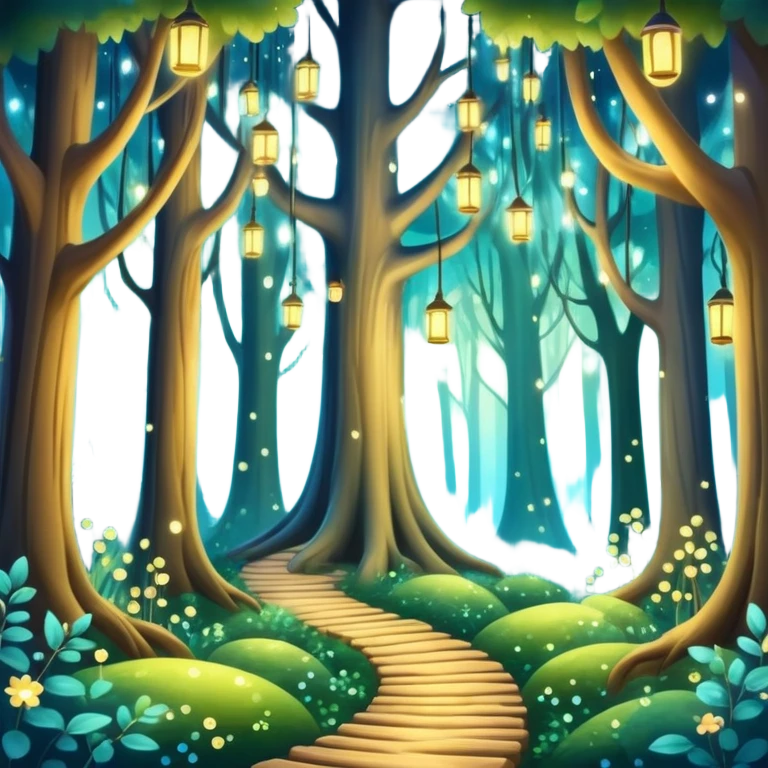 enchanted forest with tall trees, sparkling lights, whimsical atmosphere emoji