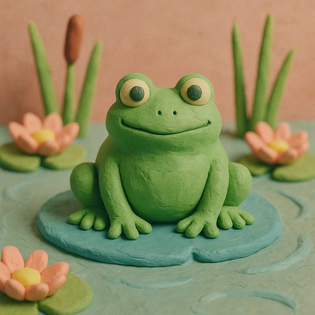 frog sitting in a pond with visible water lilies and reeds, soft pastel colors, claymation style emoji