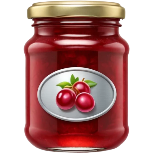 small glass jar filled with vibrant red jam, thick texture with visible fruit bits, simple metallic lid, small blank label, 3D, clean, soft lighting, subtle glass reflections, soft shadows, no anthropomorphic features, transparent background, emoji scale emoji