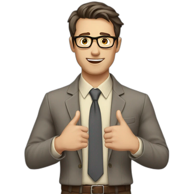 To belt Actively gesturing with hands Pale skinned fit man with dark brown hair in gray jacket, beige office shirt, brown tie, brown pants and vintage glasses. emoji