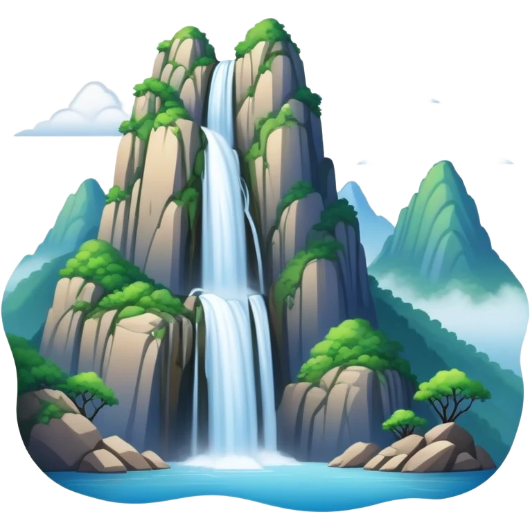 Mount Lu waterfalls and mist Jiangxi, simplified emoji style with bold outlines and bright colors, cartoon style misty mountain with waterfall emoji